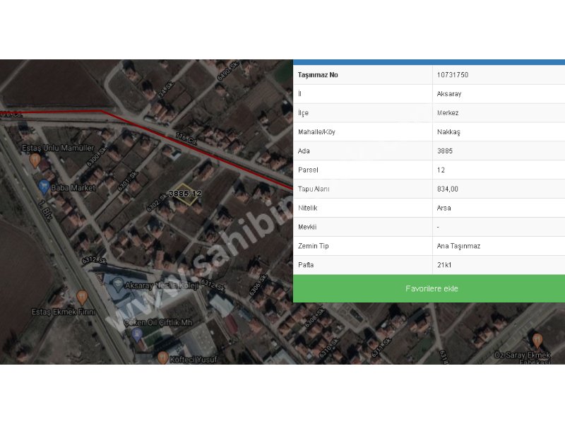 Aksaray Nakkaş Mah. Satılık Konut İmarlı 834 m2 Arsa