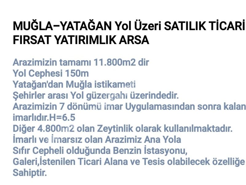 Muğla Yatağan Bozarmut Mah. Satılık Ticari İmarlı 11.800 m2 Arsa