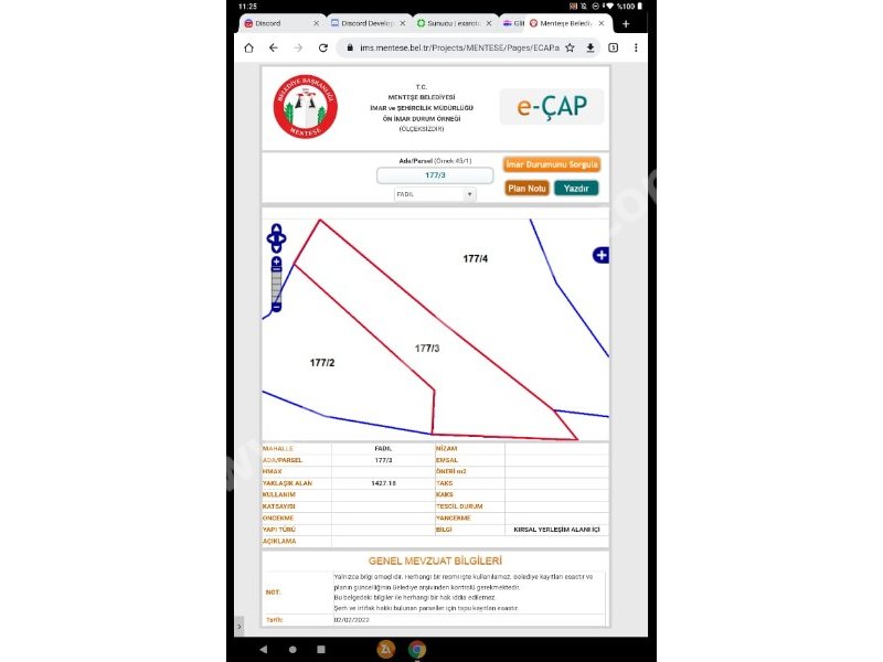 Muğla Menteşe Fadıl Mah. Satılık Konut İmarlı Arsa 1427 m2