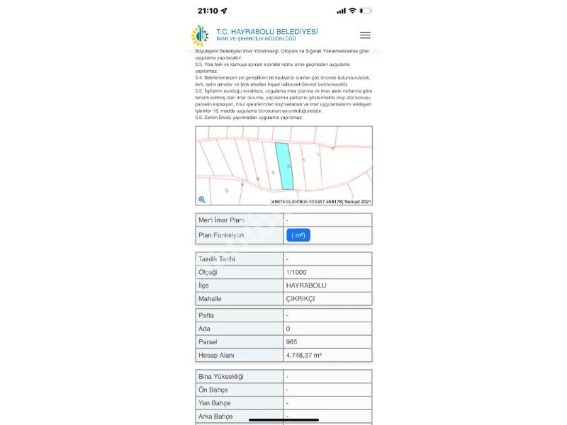 TEKİRDAĞI HAYRABOLU'DA SATILIK KELEPİR TARLA 4500 M2