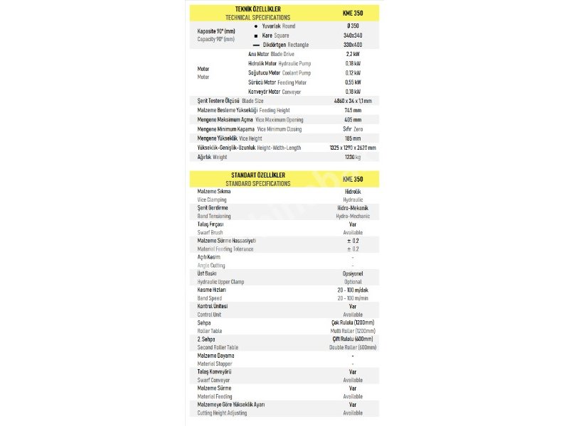 KME 350 Tam Otomatik Elektronik Açılı Kesmak Şerit Testere
