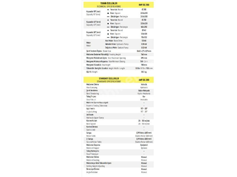 KMY DG 280 Yarı Otomatik Açılı Kesmak Şerit Testere