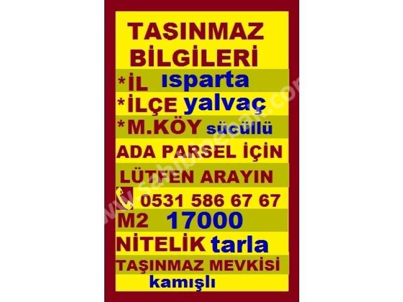 ISPARTA YALVAÇ SÜCÜLLÜ KAMIŞLI DA SATILIK 17000 M2 TARLA