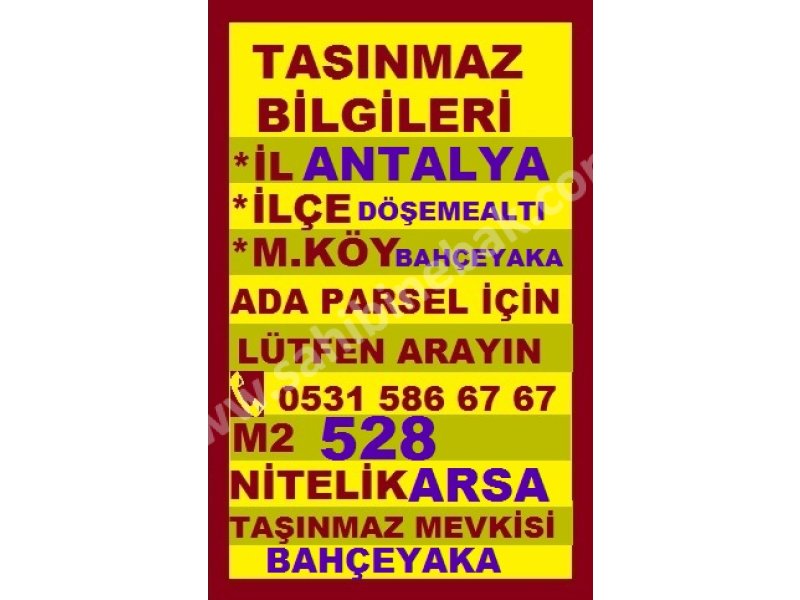 ANTALYA DÖŞEMEALTI BAHÇEYAKADA SATILIK 558 M2 VİLLA ARSASI