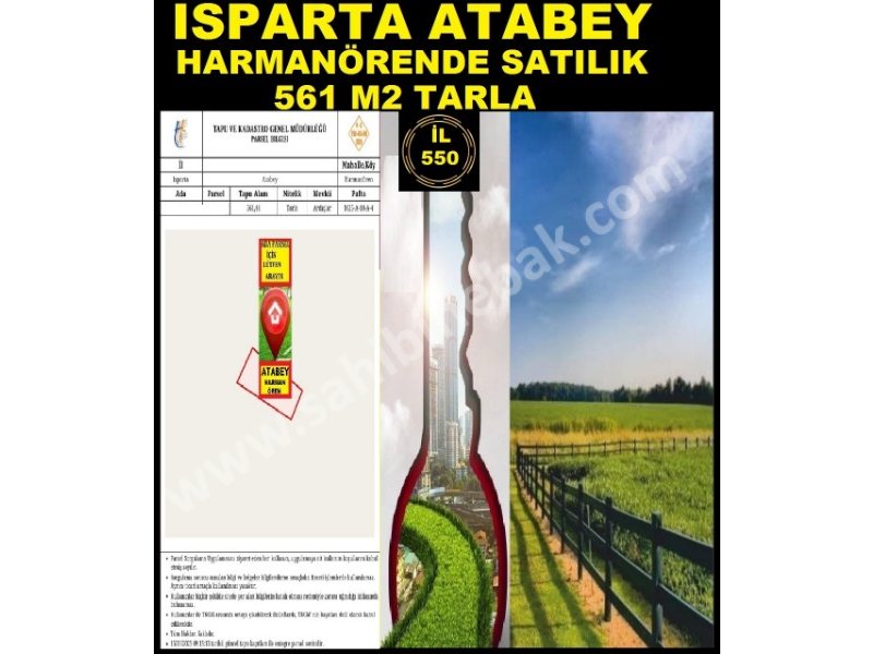 ISPARTA ATABEY HARMANÖRENDE SATILIK 561 M2 TARLA