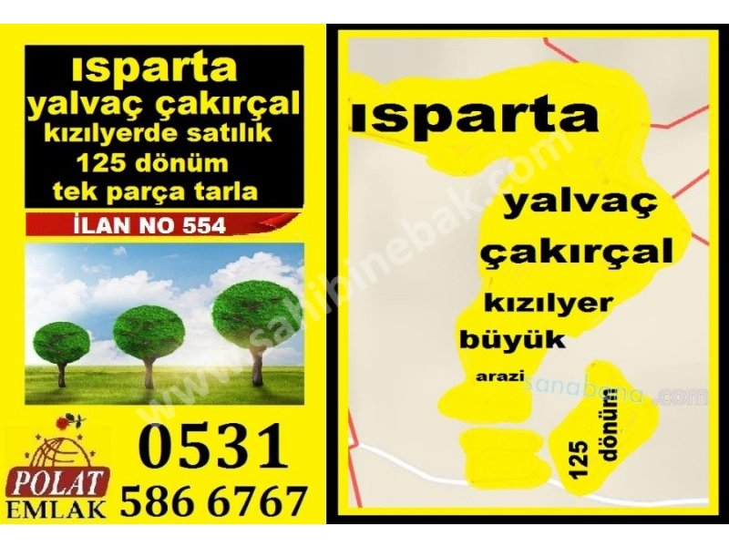 ISPARTA YALVACIN EN BÜYÜK SATILIK ARAZİSİ 125000 M2 ARAZİ