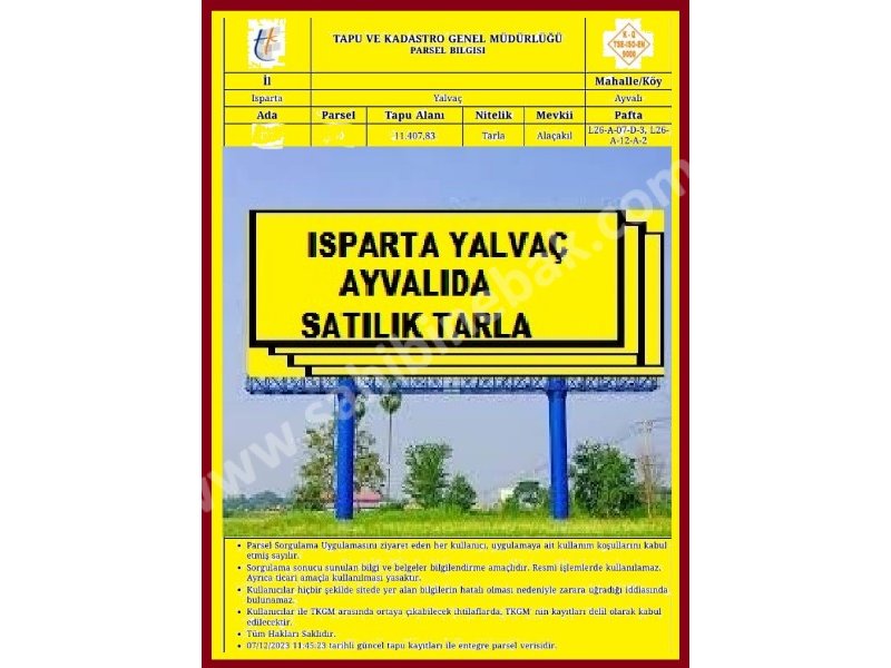 YALVAÇ AYVALI KÖYÜNDE SATILIK 5700 M2 TARLA