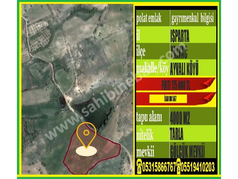 ISPARTA YALVAÇ AYVALI KÖYÜNDE SATILIK 4000 M2 TARLA