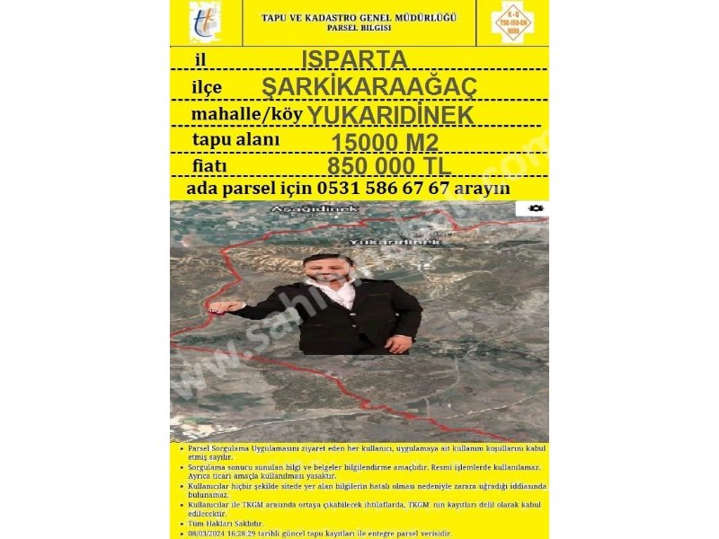 ISPARTA ŞARKİKARAAĞAÇ YUKARI DİNEK'TE SATILIK 15058 M2 TARLA