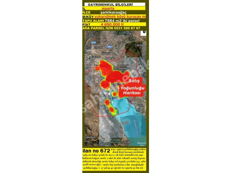 ISPARTA ŞARKİKARAAĞAÇ YUKARIDİNEK KÖYÜ KURUÇAY MEVKİİNDE SATILIK 7984 M2 BAHÇE