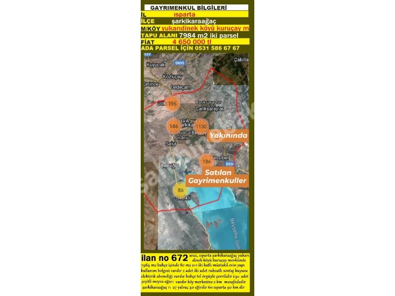 ISPARTA ŞARKİKARAAĞAÇ YUKARIDİNEK KÖYÜ KURUÇAY MEVKİİNDE SATILIK 7984 M2 BAHÇE