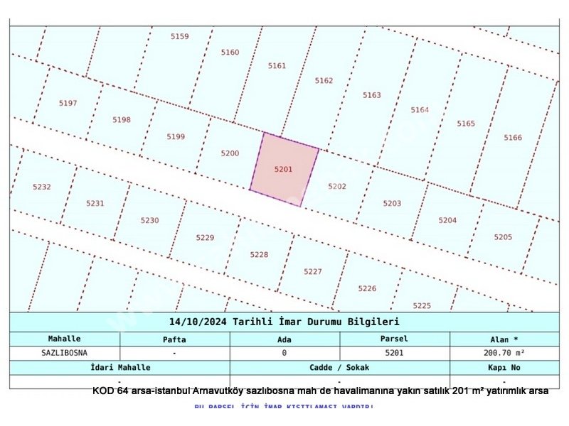 Arnavutköy sazlıbosna Mah. havalimanına yakın satılık 201 m2 yatırımlık arsa