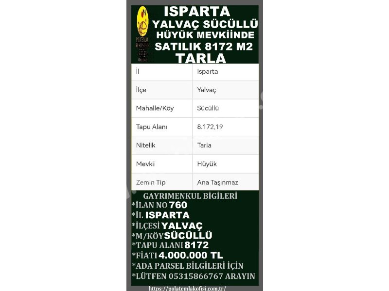 ISPARTA YALVAÇ SÜCÜLLÜDE SATILIK 8172 M2 TARLA