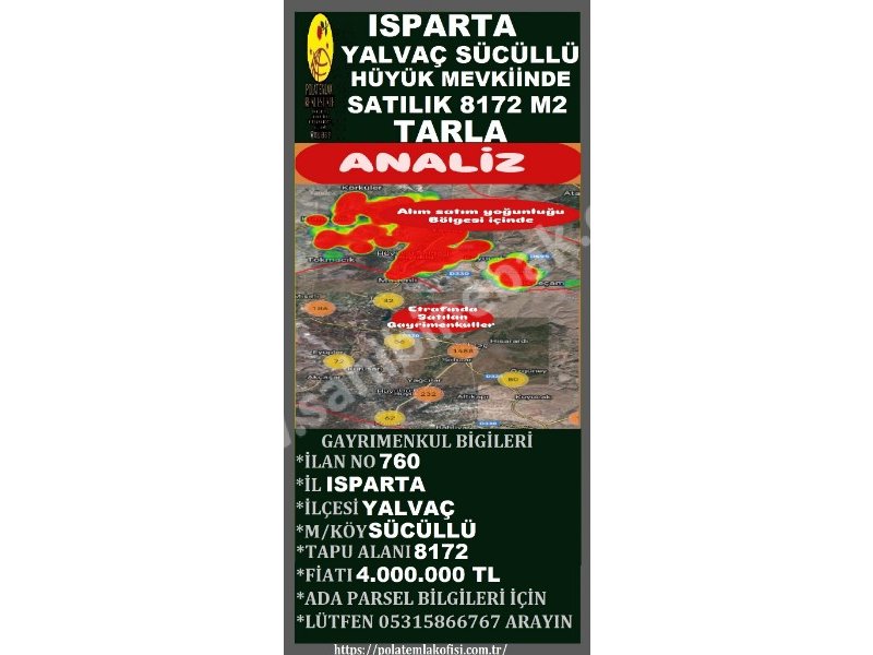 ISPARTA YALVAÇ SÜCÜLLÜDE SATILIK 8172 M2 TARLA