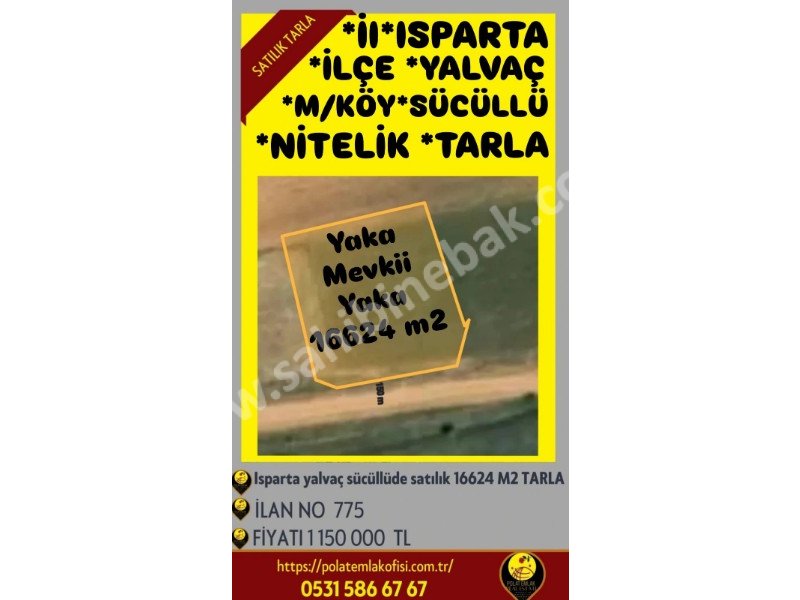 ISPARTA YALVAÇ SÜCÜLLÜDE SATILIK 16624 M2 TARLA