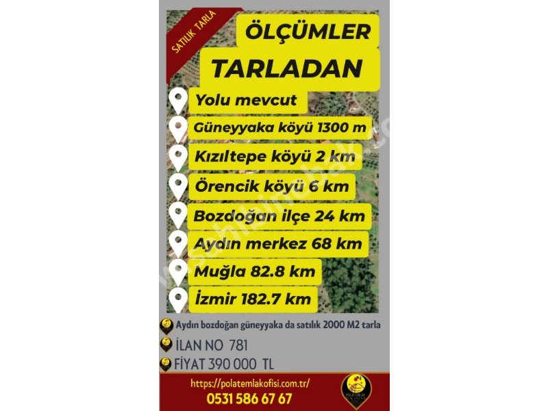 AYDIN BOZDOĞAN GÜNEYYAKA KÖYÜNDE SATILIK 2000 M2 TARLA