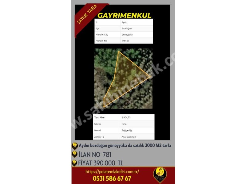 AYDIN BOZDOĞAN GÜNEYYAKA KÖYÜNDE SATILIK 2000 M2 TARLA